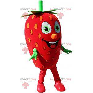 Reusachtige aardbei mascotte. Mascotte van rood en groen fruit